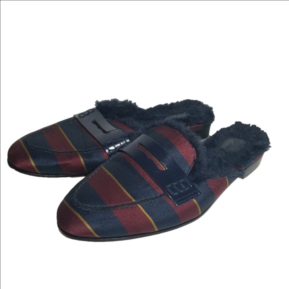 J. Crew Academy Striped Slip On Oxford Loafer Red Navy Black Fur Lined Size 7.5